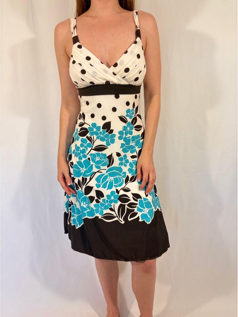 Polka Dot White Brown and Blue Floral Knee Length Y2K Dress